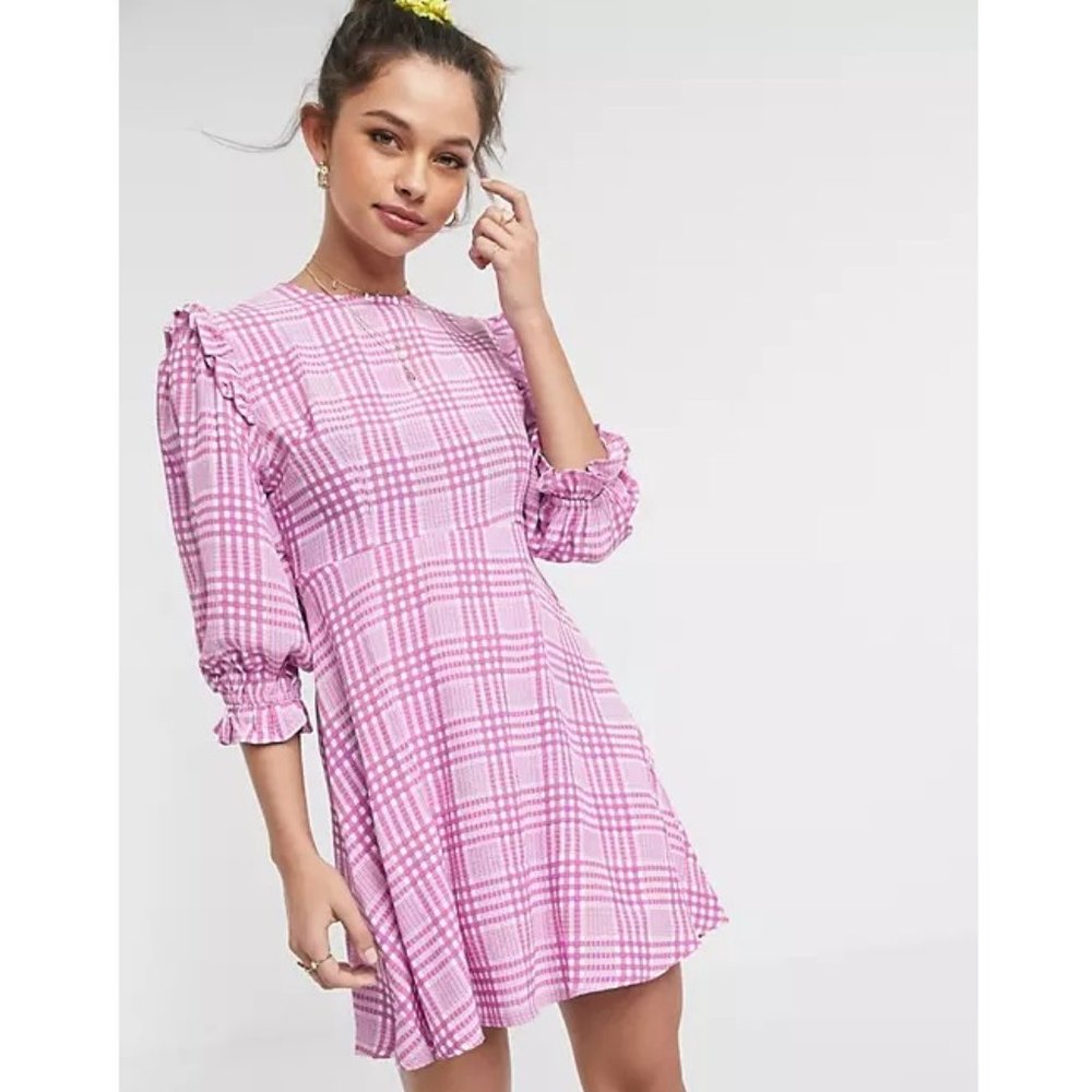 Faithful The Brand Edwina Puff Sleeve Mini Dress / Size 6 / Djerra Check Pink